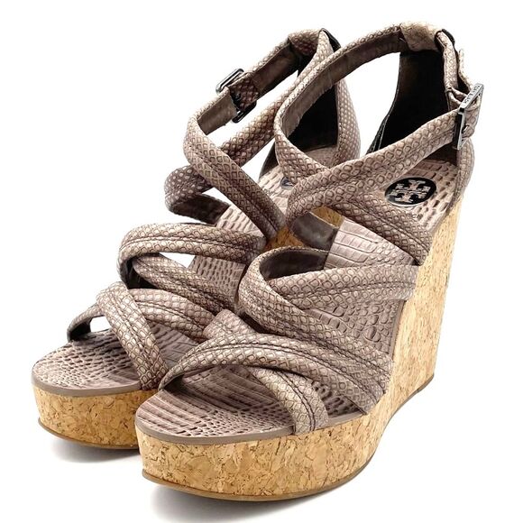 Tory Burch Taupe Reptile Embossed Leather Strappy Cork Wedge Sandals Size 10.5 - Picture 5 of 16